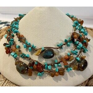 Vintage 3 Strand EsMor Turquoise Carnelian Amber Stone Bead Necklace Boho Hippie